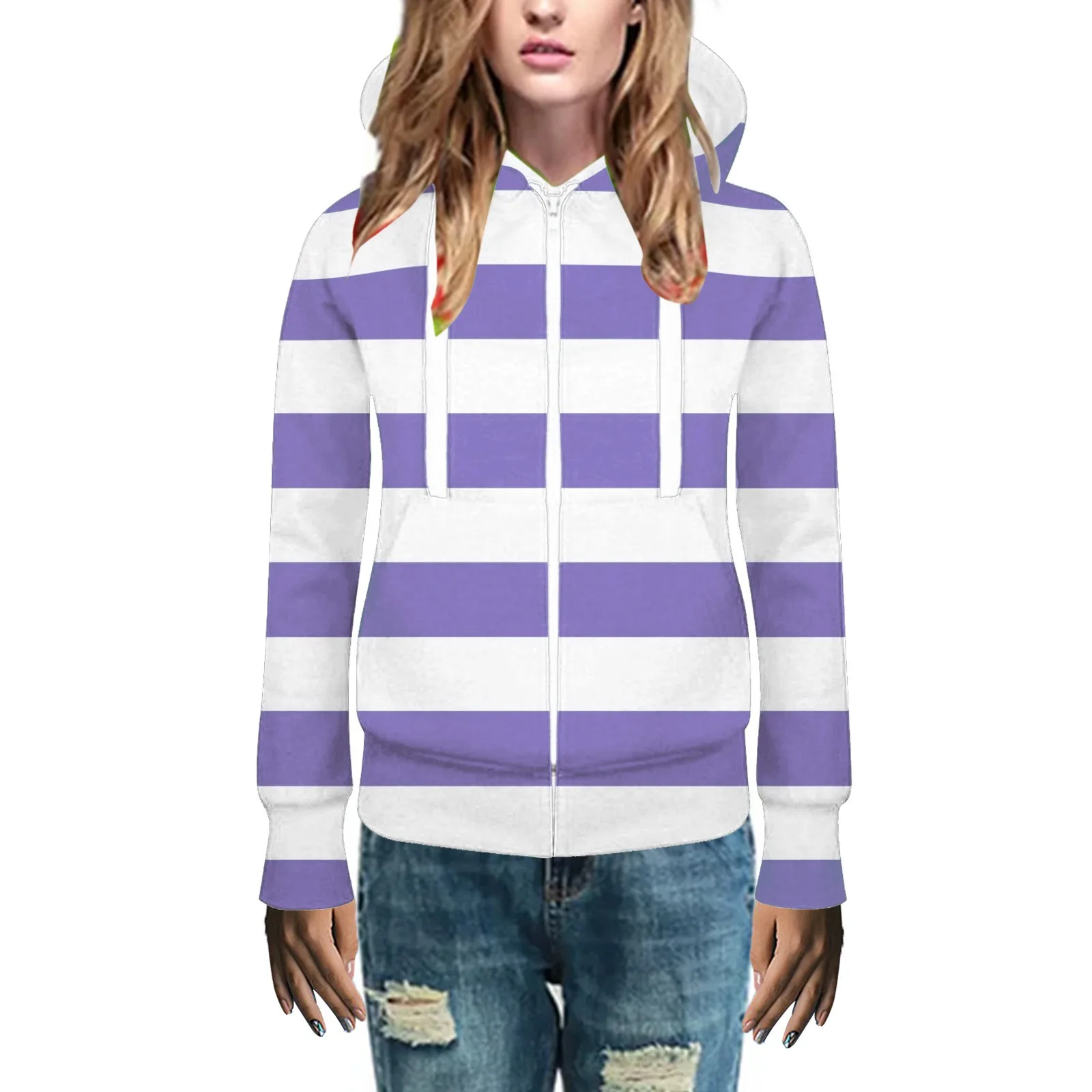

Hooded Striped Long Sleeved Sweater Cardigan Jacket Woman's Clothes