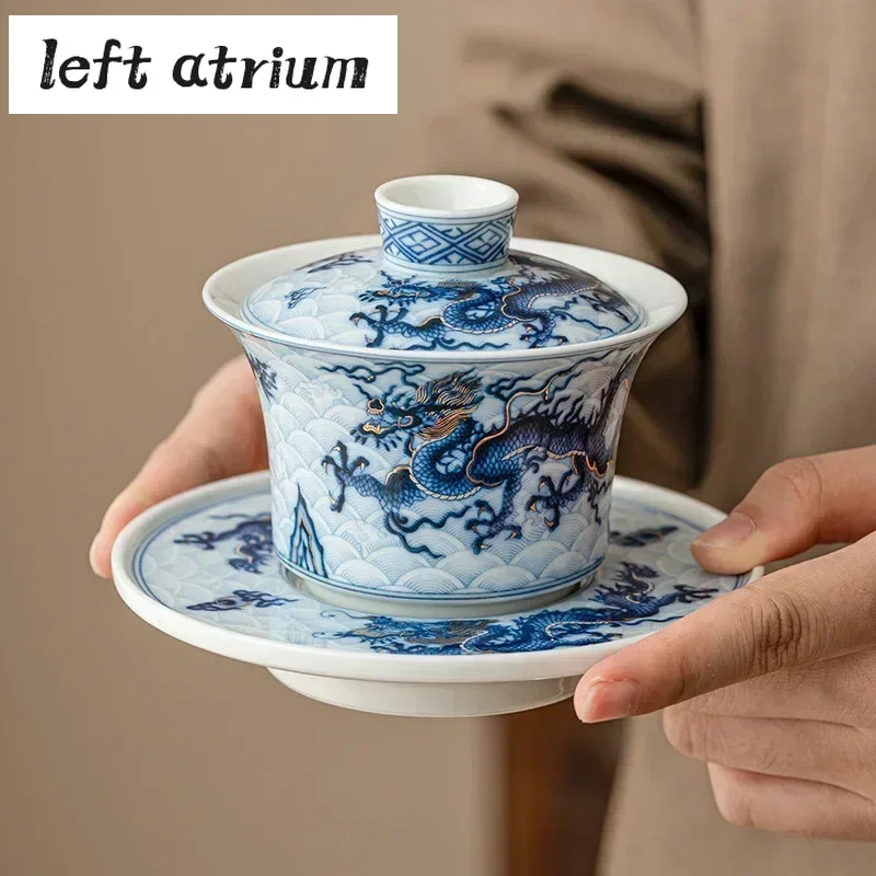 150ml Antique Gold Silver Inlaid Gaiwan Blue and White Dragon Tea Tureen Household Tea Maker Cover Bowl Services Ornaments