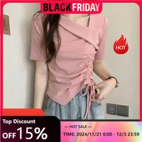 Cotton Drawstring Short Korean Plain Shoulder Sleeve T Sleeve Women Summer Sweet And Spicy Design Sense.jpg