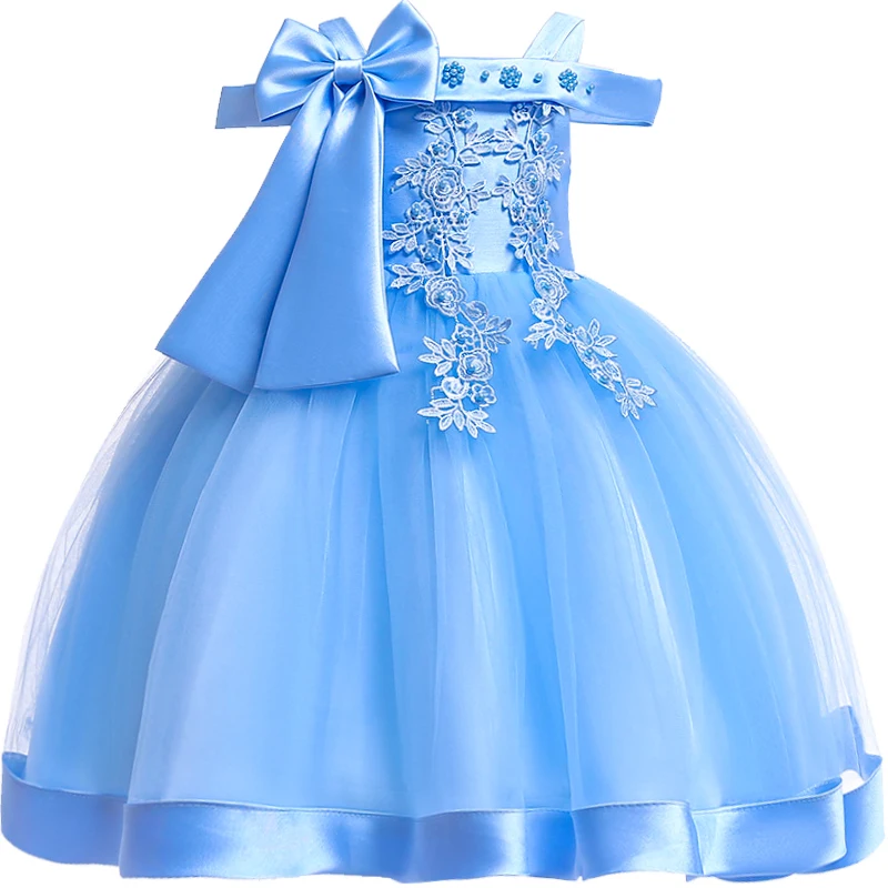 3-10 Years Kids Christmas Party Dresses Girls Appliques Flower Elegant Wedding Dress Bow Children Birthday Prom Gown