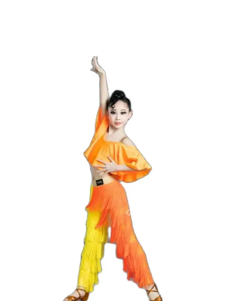 

1set/lot Children Tassel Latin Dance costumes Girls National Standard modern dancing Tassel Pants and top