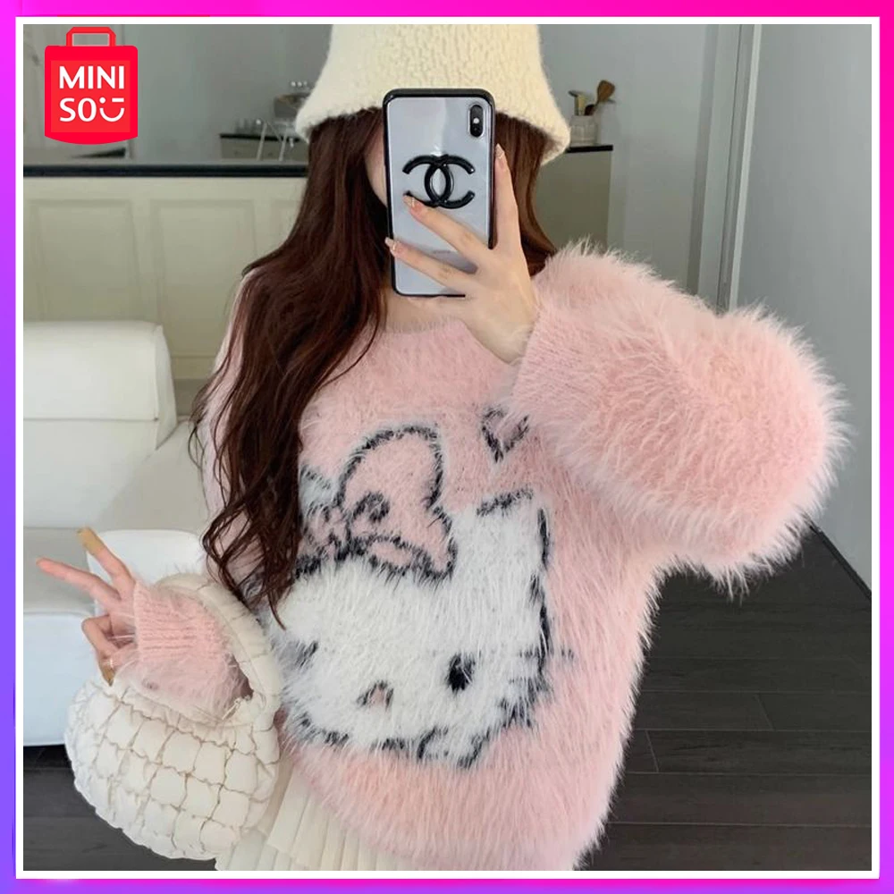 

Miniso Sanrio Cartoon Hello Kitty Soft Waxy Pullover Sweater Autumn and Winter Loose Lazy Style Sweater Mink Fur Christmas Gift