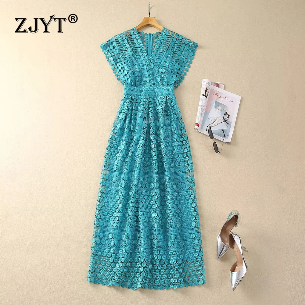 

ZJYT Runway Hollow Out Long Lace Dresses for Women 2024 Summer Elegant V Neck Embroidery Maxi Party Dress Holiday Sexy Vestidos