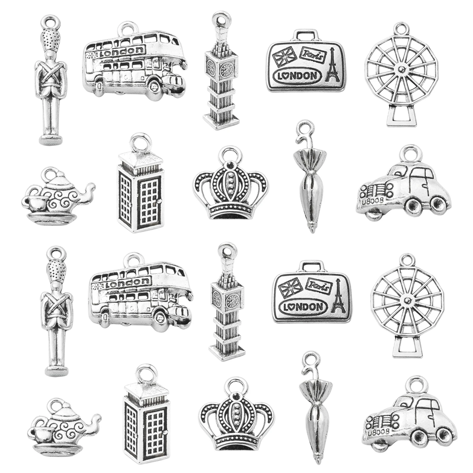 100Pcs 10 Styles London Theme Charms Antique Silver Big Ben Windmill Bus Car Charms Tibetan Travel Charms for Jewelry Making