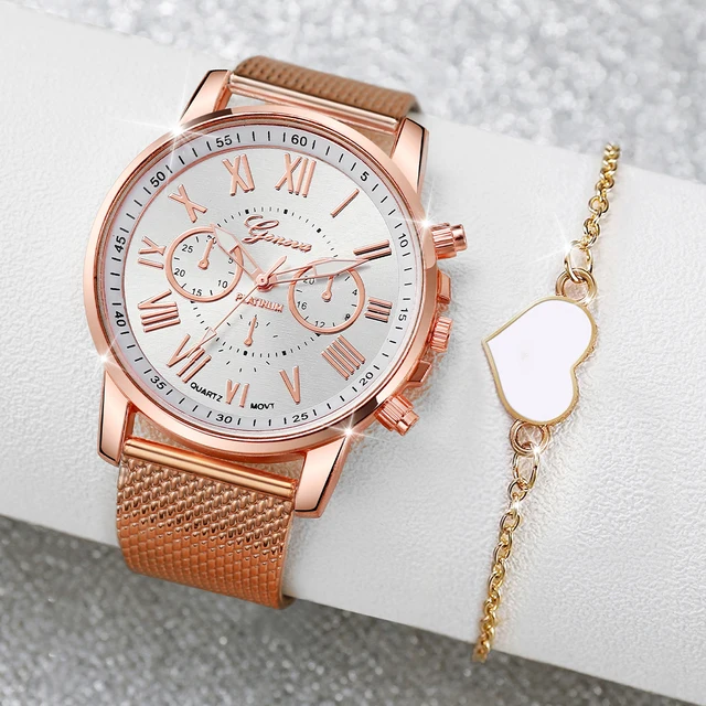 Relógio de quartzo com pulseira de coração feminino, pulseira plástica casual feminina, moda genebra, 2 pçs/set 4