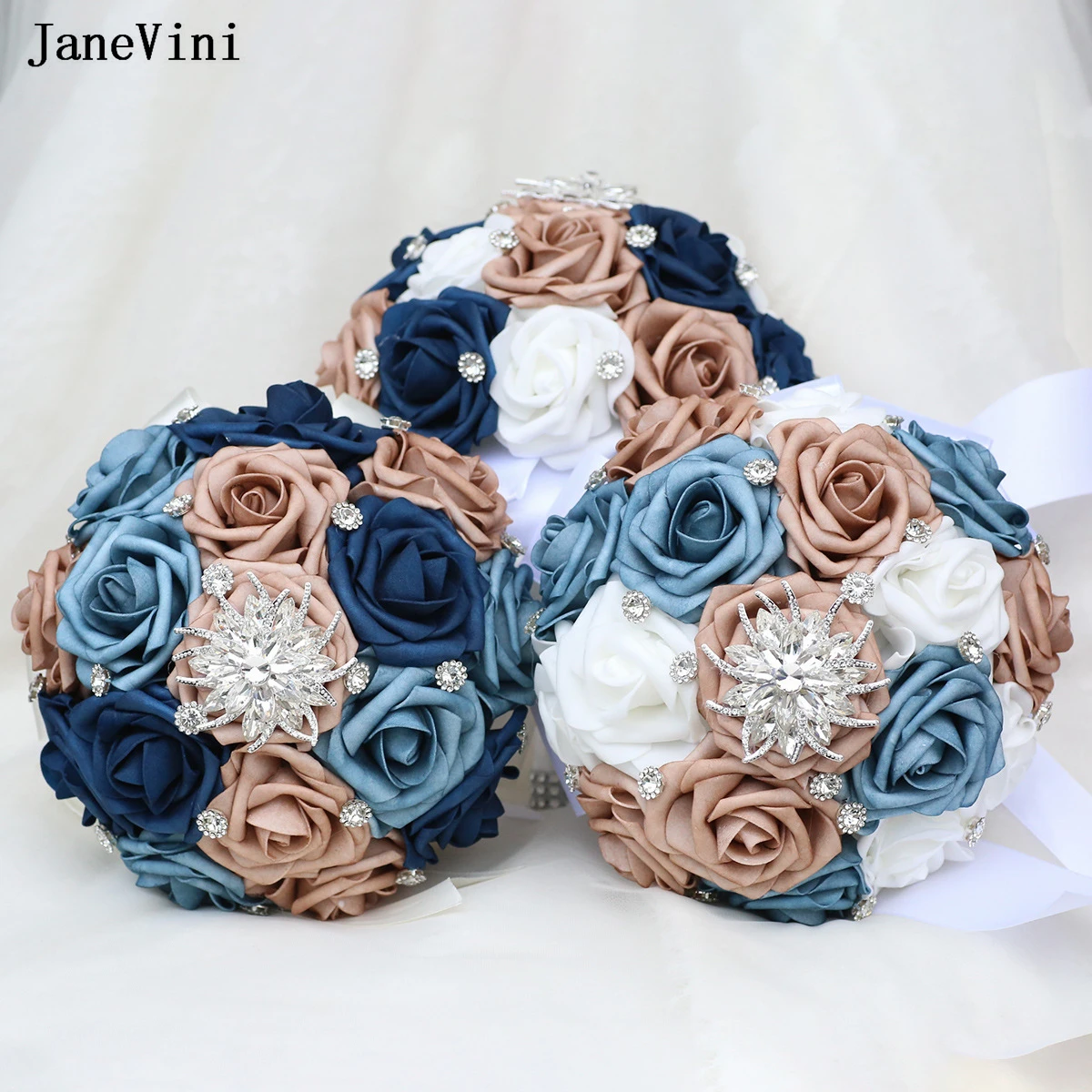 JaneVini Vintage Orange White PE Bridal Bouquets with Silver Rhinestones Artificial Foam Roses Fake Wedding Flowers Bouquet