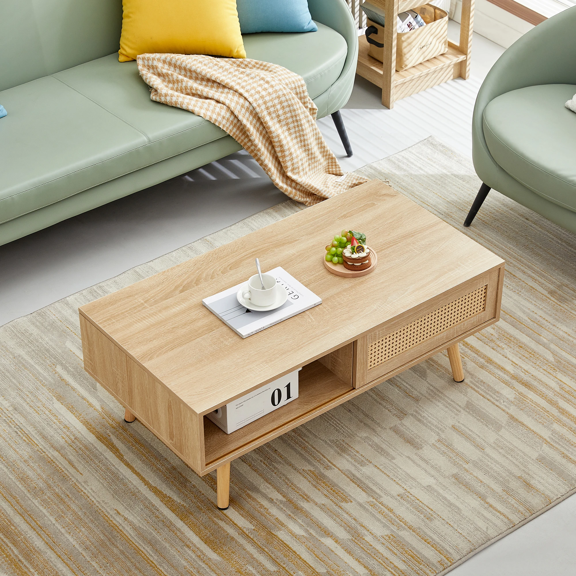 Kaffeetisch aus Korbgeflecht, Teetisch mit Schiebetüren, Beine aus Massivholz, moderner Wohnzimmertisch, naturfarben – H40/B1050/T55 cm – Detail 12
