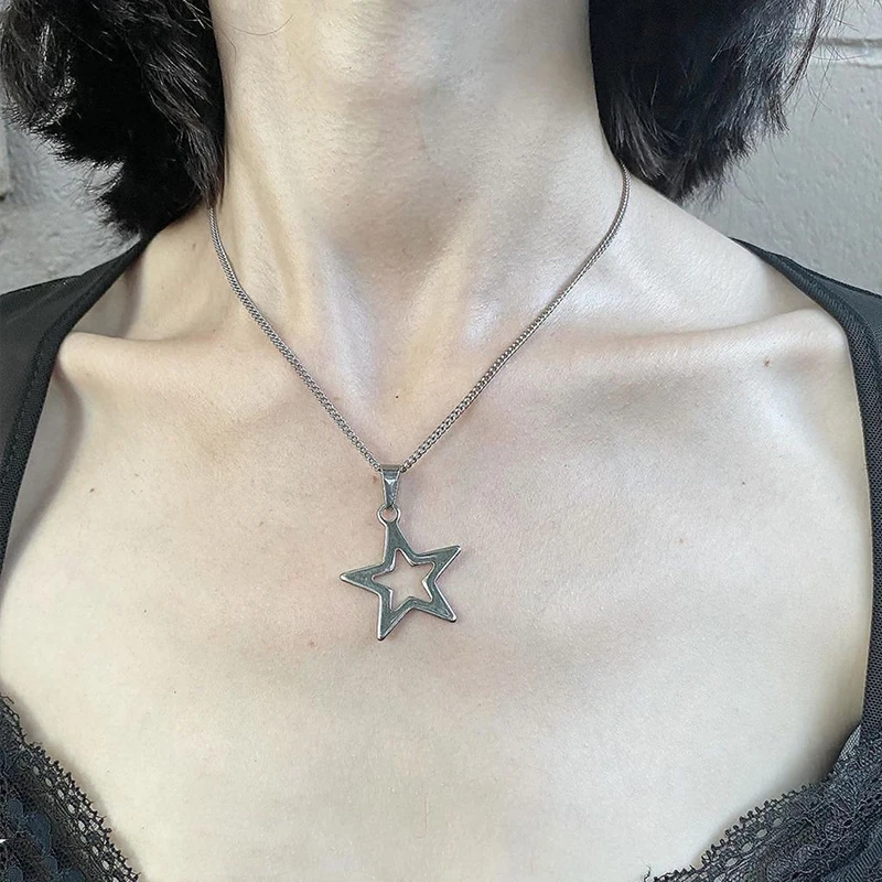 [Scudo] 韓国 Necklace★ Inside Vintage Star Star Star|unisex Star Pendant Beaded Chain Necklace - Goth
