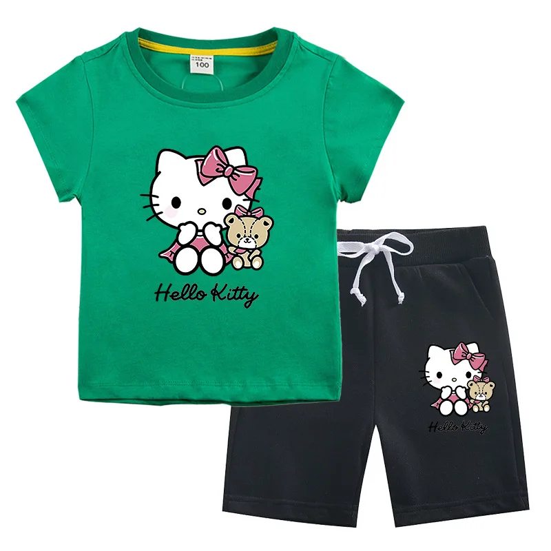 Hello Kitty nueva ropa para niños, Tops de algodón para niñas, pantalones cortos, traje de dos piezas, pantalones casuales de cinco puntos para niños + conjunto de Camiseta de cuello redondo
