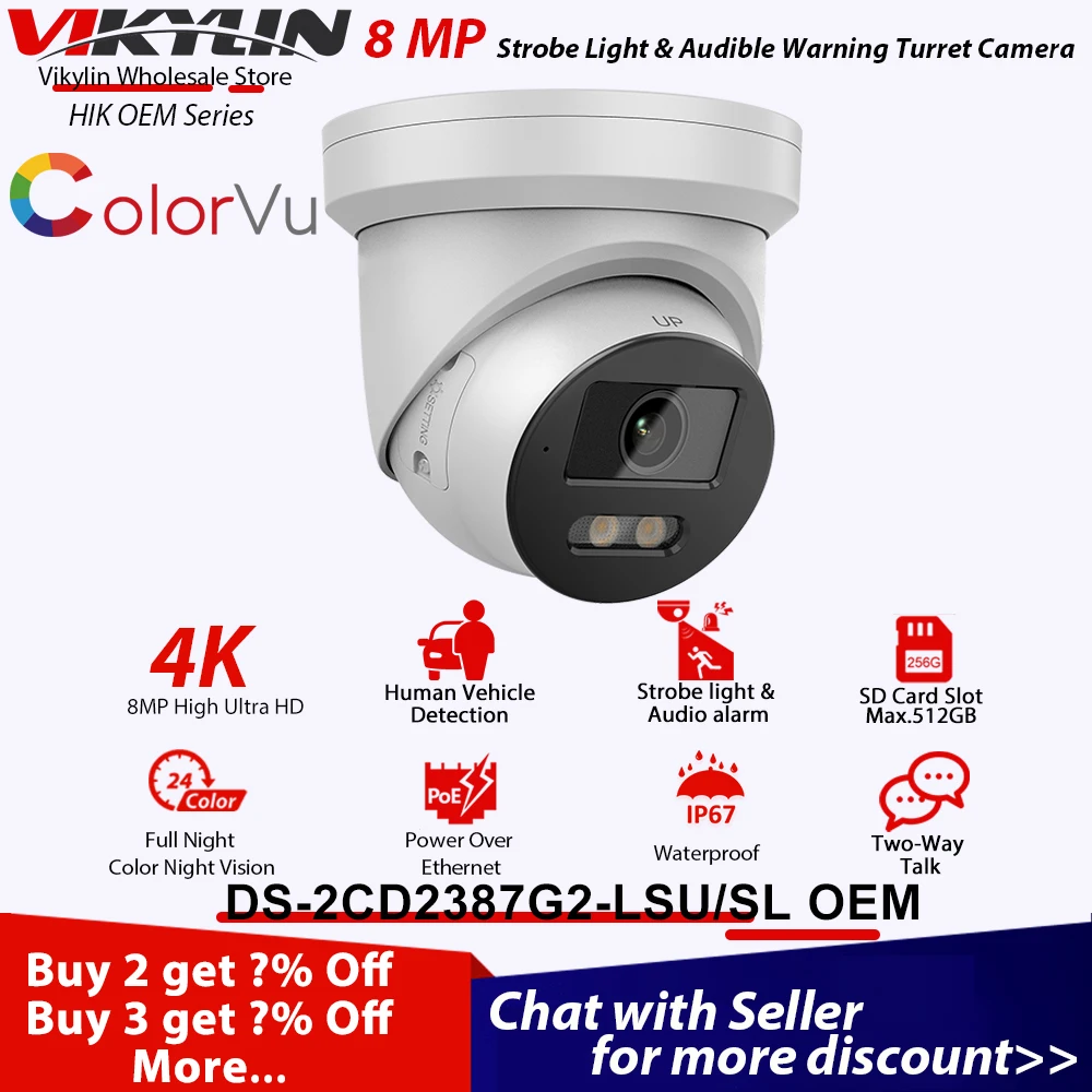 

Vikylin 8MP ColorVu Acusense IP Camera 4K For Hik DS-2CD2387G2-LSU/SL Strobe Light Sound Alarm Two-way Audio Human Vehicle Detac