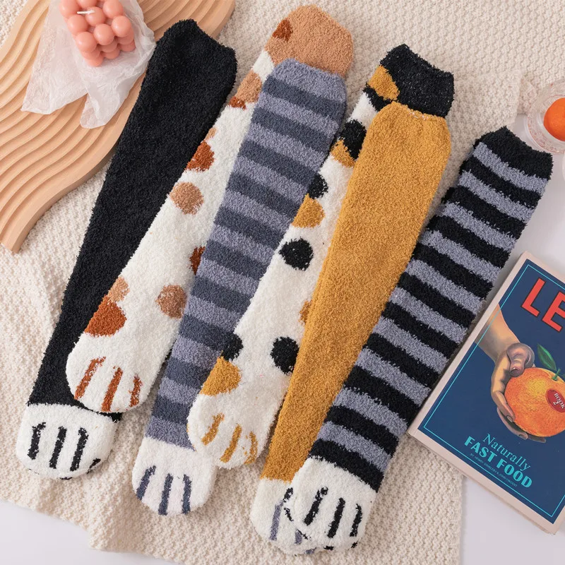 6 pairs Floor Socks Winter Women Cat Paw Thick Coral fleece Warm Socks Hosiery Animal Cute Stocking Long Kawaii Cartoon Striped