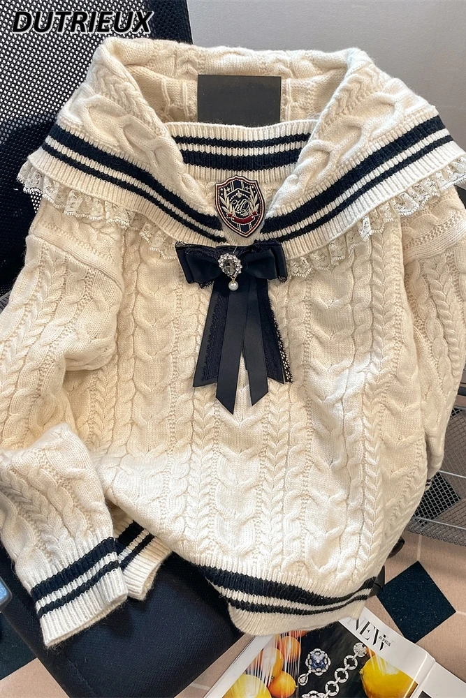 

French Preppy Style JK Sailor Collar Bow Knitted Sweater Jumper Women Lolita Girls Retro Gentle Thickened Knitting Sweater Coat