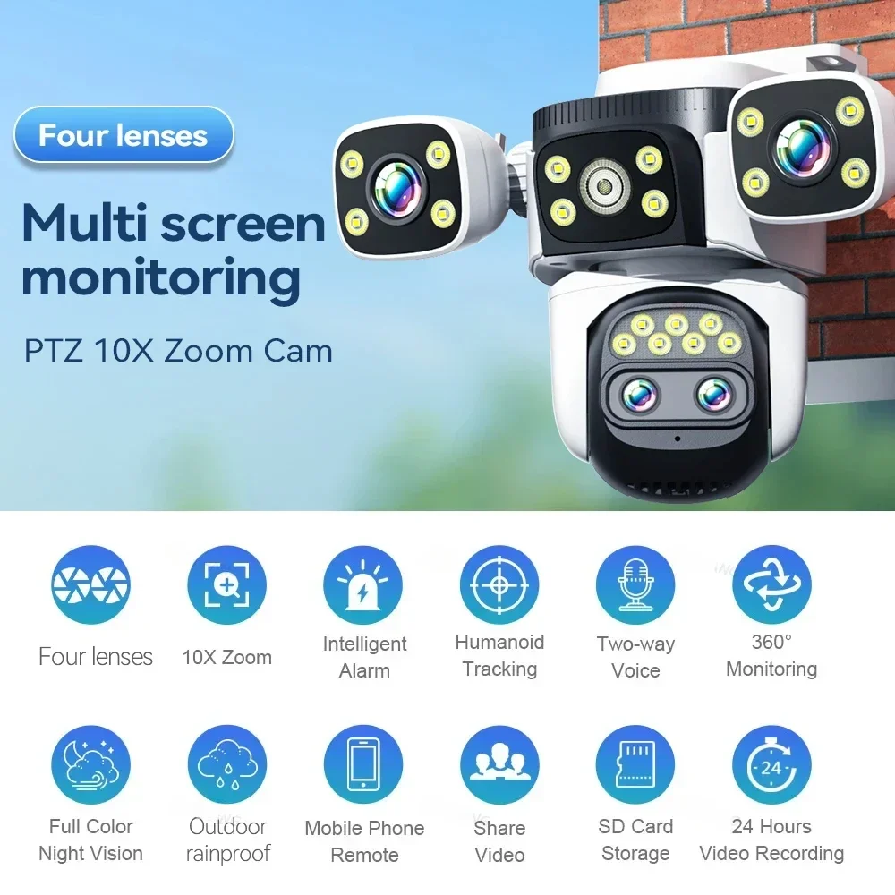 ANSVICAM UHD 20MP 10X Zoom Four Screens WiFi IP Camera Wireless Outdoor Four Len
