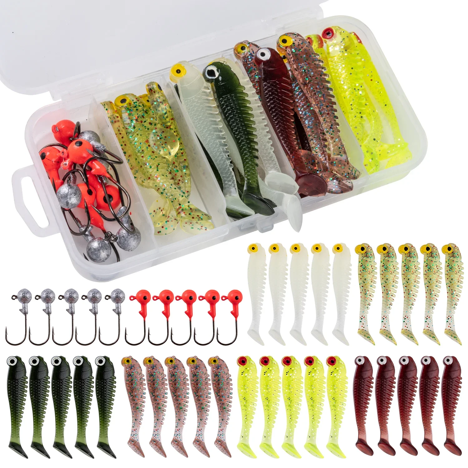 

Goture 40pcs/set Soft Lure Kit Soft Bait Set 5cm 0.7g Jig Head Hook 3.2cm 3.5g Fishing Hooks with Fishing Tackle Box Silicone