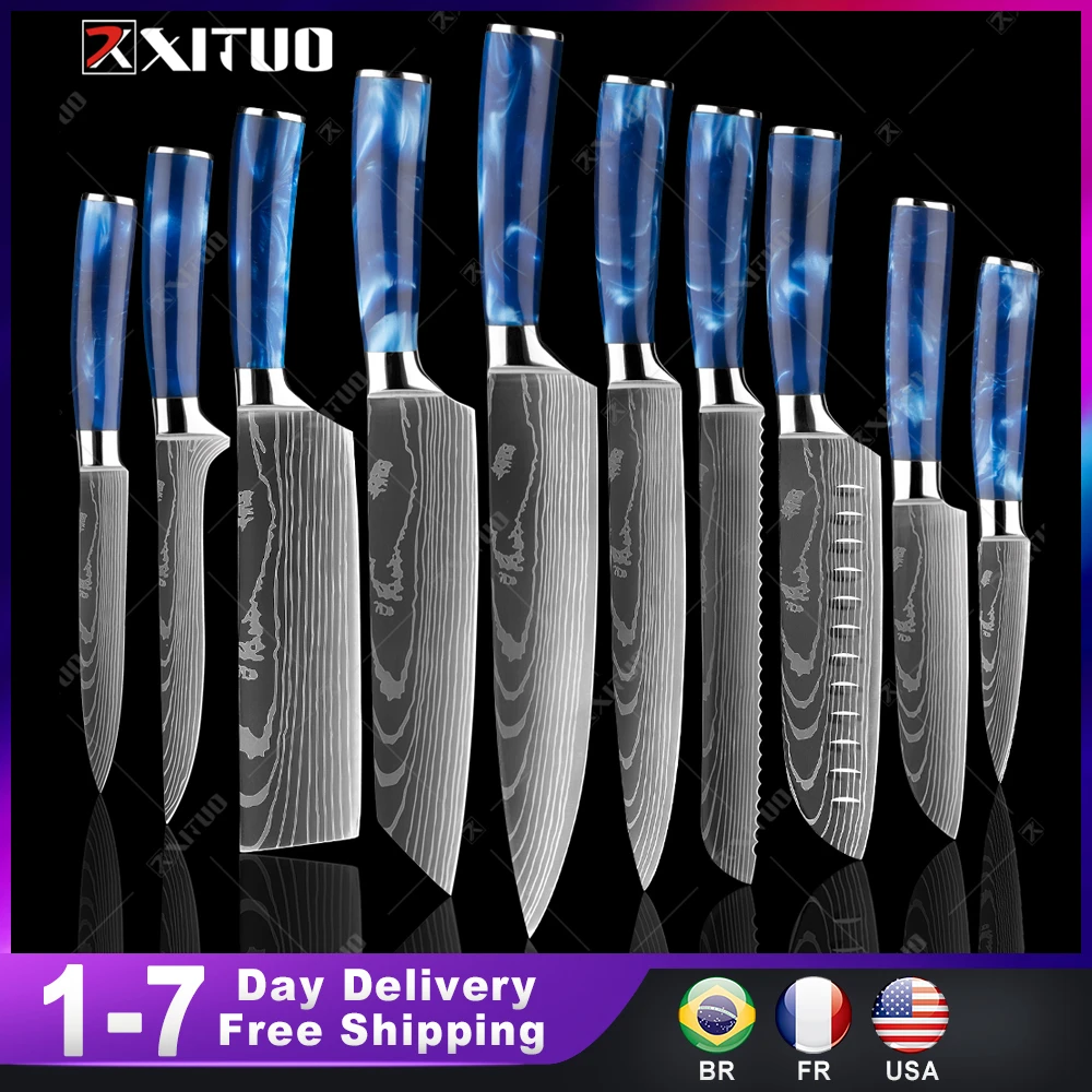 Set Di Coltelli Da Cucina Xituo Squisito Manico In Resina Blu Laser Modello Damasco Coltello Da Cuoco Santoku Mannaia Coltelli Per Affettare Miglior R