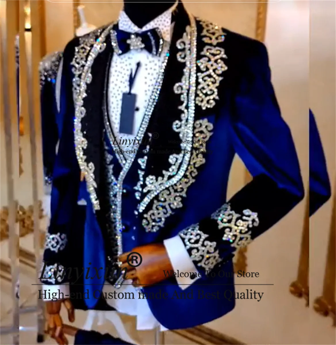 Luxury Metallic Beaded Velvet Wedding Suits For Men Customized Groom Tuxedos Male Prom Blazers Terno Masculinos Completo 2