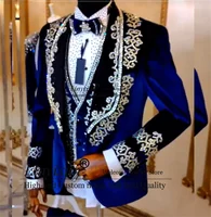 Luxury Metallic Beaded Velvet Wedding Suits For Men Customized Groom Tuxedos Male Prom Blazers Terno Masculinos Completo 2