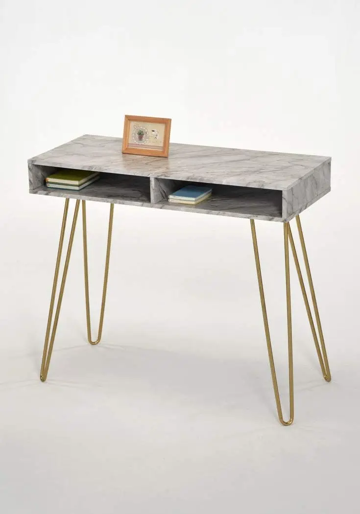

Writing Desk Table with Open Storage Cubbies, Gold Metal Legs/White Faux Marble - Mid-Century Style Small coffee table Table top