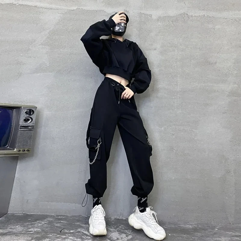 

Punk Cargo Pant Women Gothic Streetwear Black Chain Harajuku Hippie Korean Fashion Loose Unload Strap Trousers Hip Hop Pantalone