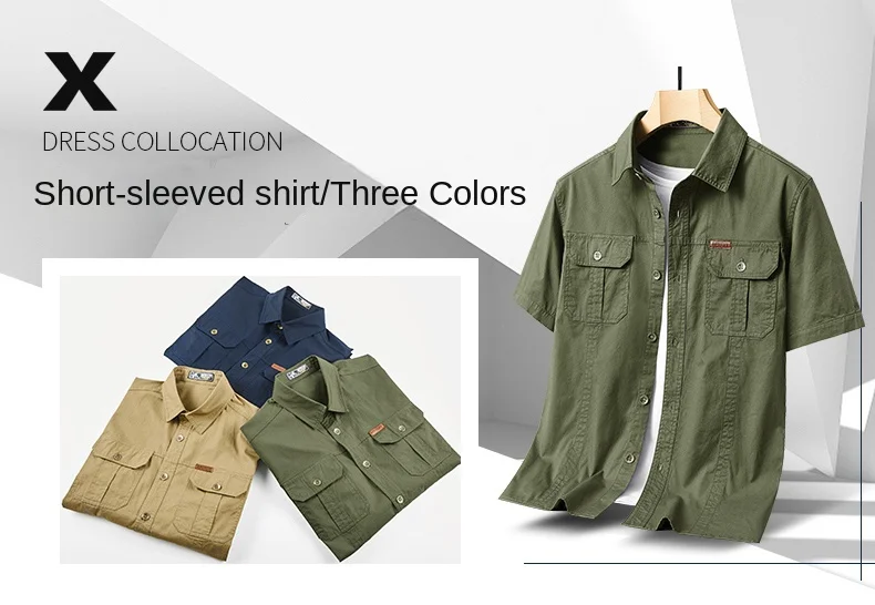 Men’s 100% Cotton Summer Short Sleeve Shirt Breathable Sweat Absorbing Pocket Work Shirt CyberStreetOne 3 colors