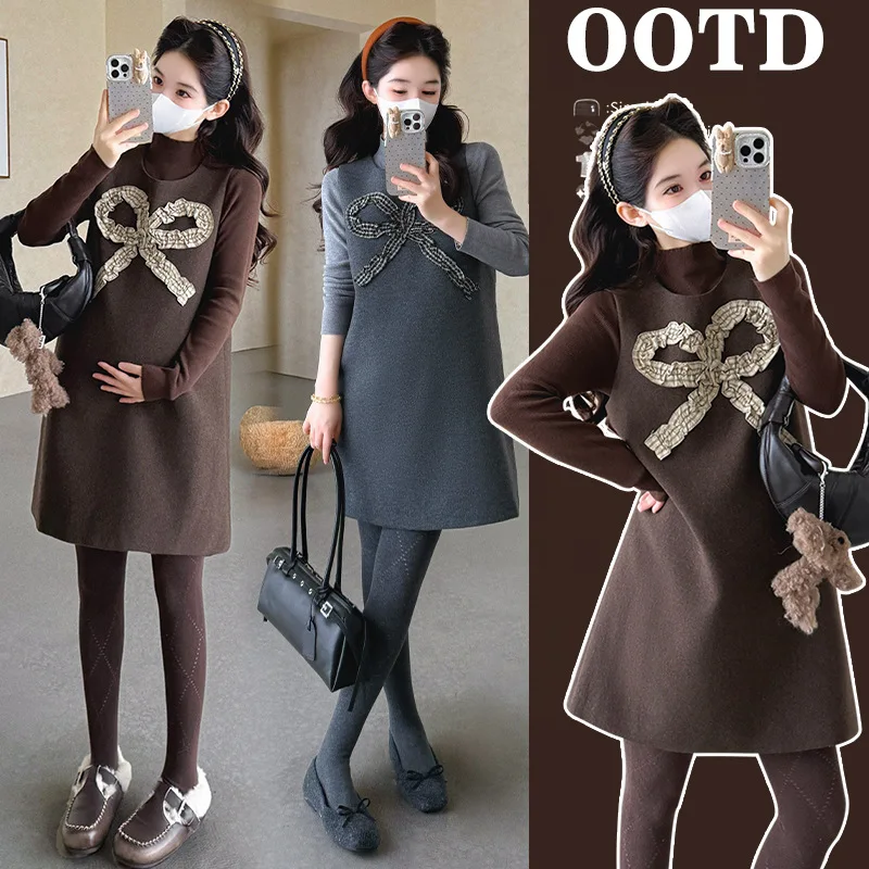 출산복 봄 가을 프렌치 스타일 귀엽고 우아한 루즈핏 편안한 리본 베스트 드레스와 터틀넥 베이스 탑 투피스 세트