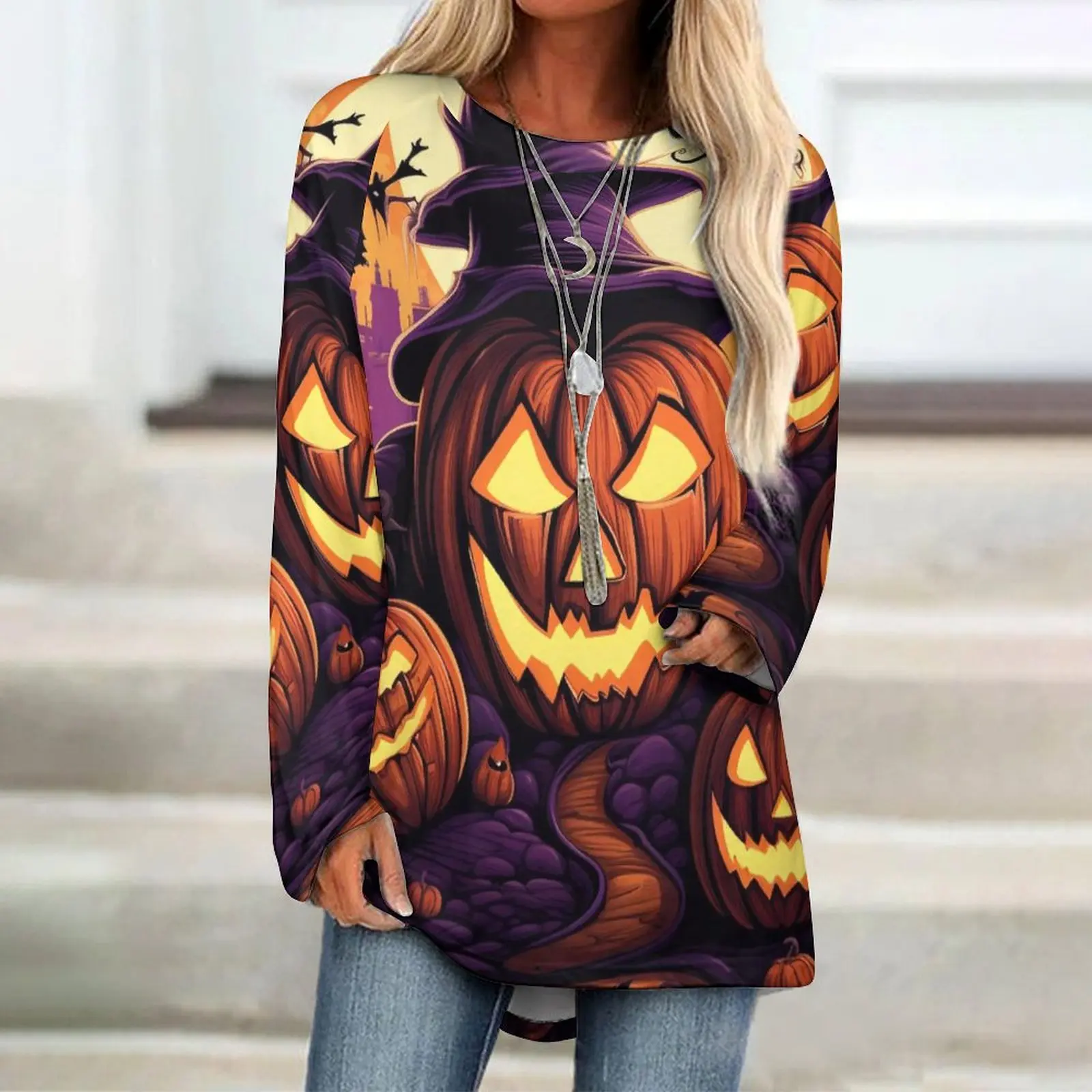 

Women's T Shirt Tee Graphic Weekend Halloween Pumpkin 3D Printed T Shirt Tee Long Sleeve Print Round Neck Women's Shirt