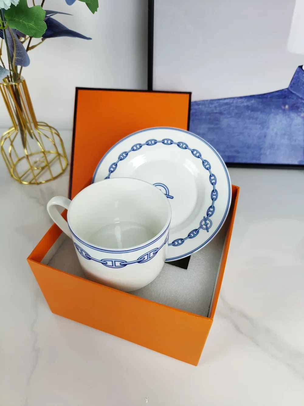 

High-End Exquisite Pig Nose Tray Tide Brand Ceramic Rectangular Plate Classic Chain Dessert Plate Decorative Accessories Plate