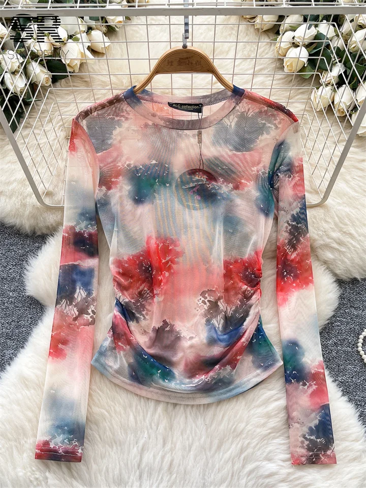 SINGREINY Sexy Tie Dye Y2K Shirt Women Fashion Long Sleeves O Neck