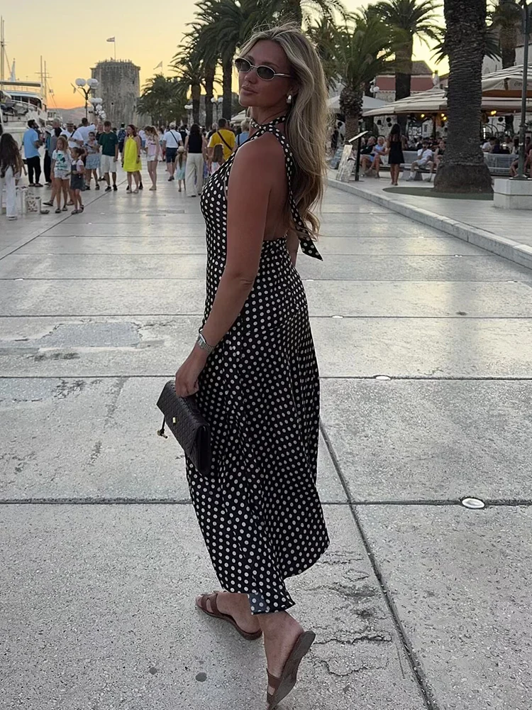 Holiday Backless Sexy Long Maxi Dresses Women 2025 Summer Women Polka Dot Printed Bow Tie Elegant Evening Party Dress