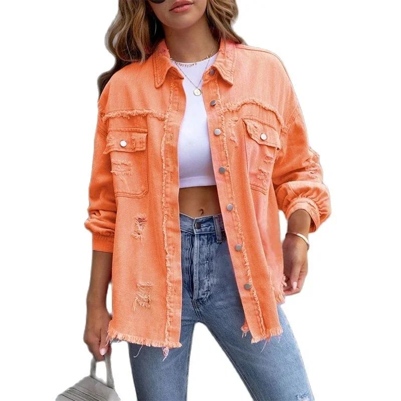 Women Spring Autumn Shirt Style Jeancoat Holes Raw-edges Denim Jacket New Casual Top Rose-Red Orange Purple Outerwear Lady Coat women holes raw edges denim jacket new spring autumn shirt style jeancoat casual top rose red orange purple outerwear lady coat