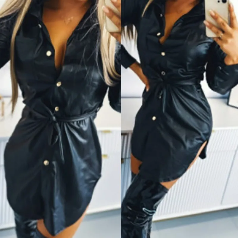 

Sexy Women Dress Solid Turn Down Collar Slim Fit Single Breasted Pu Mid Legnth Dresses Tight High Waist Full Sleeve Vestidos