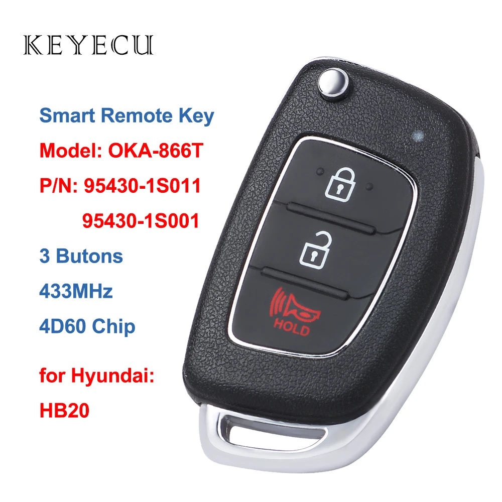 

Keyecu OEM смарт-телефон с 3 кнопками, 433 МГц, 4D60 чип для Hyundai HB20, 95430-1S011 / 95430-1S001