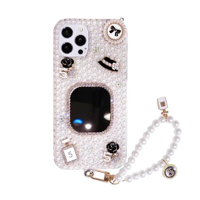 Luxury Bling Rhinestone Mirror Pearl Flower Case for iPhone, Case for iPhone 15Pro, 14Plus, 13 Pro, 12 Mini, 11Pro MAX, XR, 7, 8