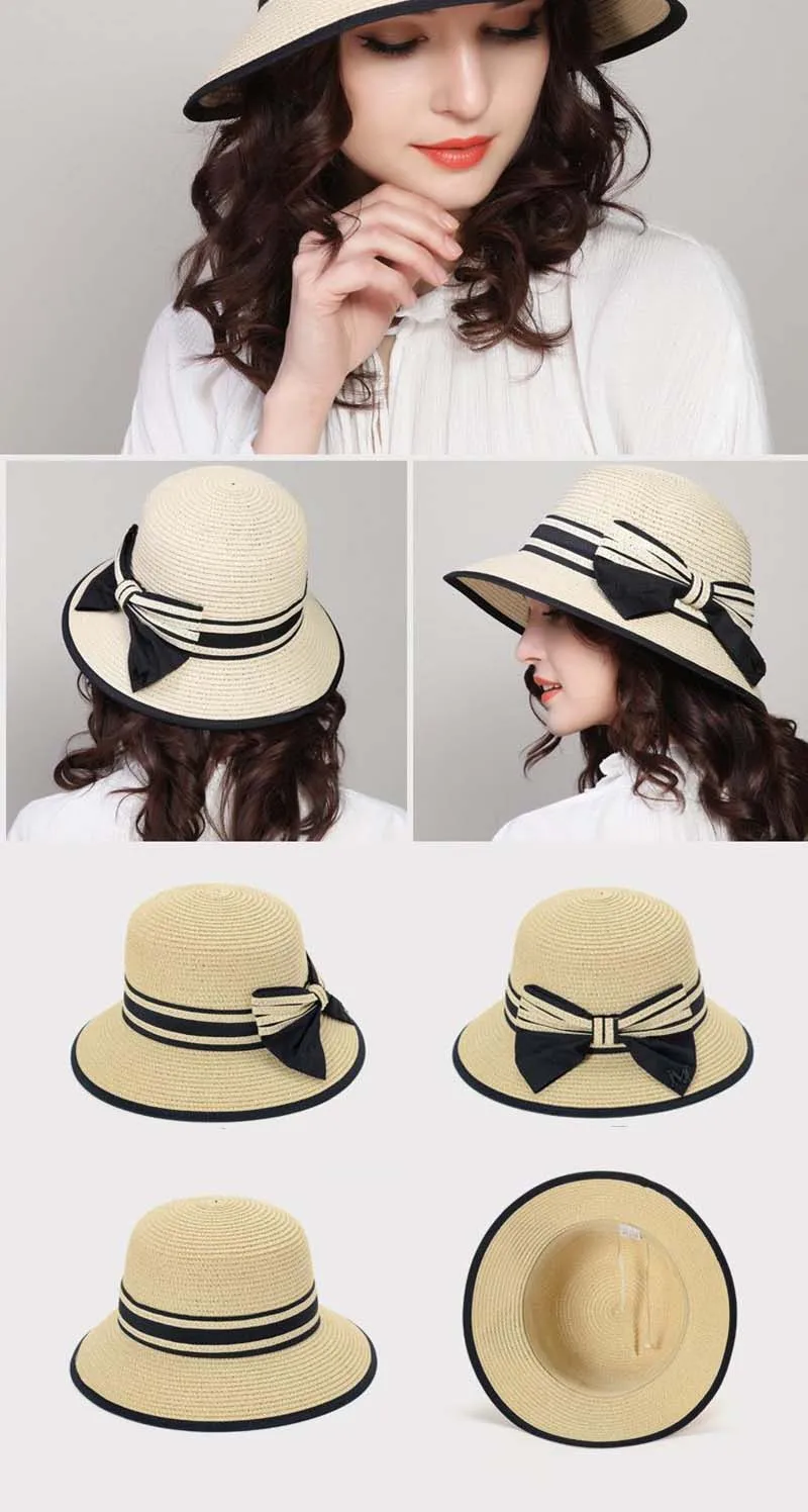 Sombreros de ala ancha para mujer, sombreros de paja para el sol, sombreros de playa para niña, sombreros de paja para viajes al aire libre, sombreros casuales con lazo_voghion.com