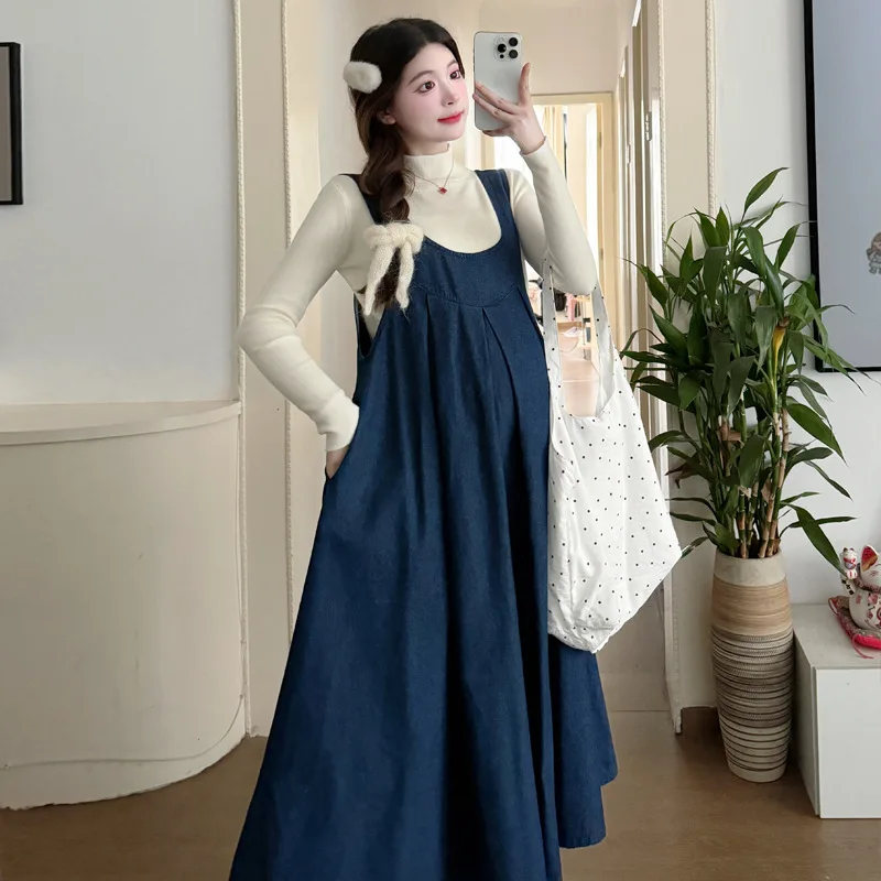 2026 봄 가을 신상 임부복 루즈핏 부드러운 데님 오버롤 드레스와 흰색 긴팔 베이스탑 투피스 세트