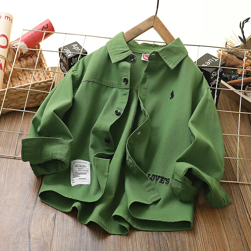 Spring Solid Color Shirt for Boys and Girls Children Long sleeved Cotton Lapel Top