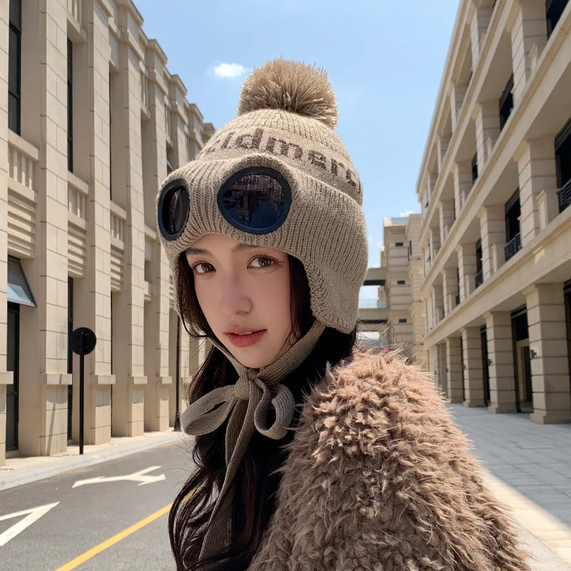 Winter Hat With Glasses Set Head Hat Women Outdoor Cold Protection Warm Ear Protection Hairball Knitted Woolen Skiing Sports