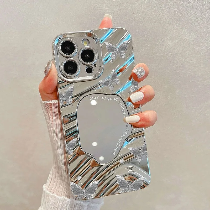 Electroplated Mirror Pink Butterfly Phone Case For iPhone 16 13 11 12 14 15 Pro Max Luxury Plating Wavy Shockproof Makeup Cover