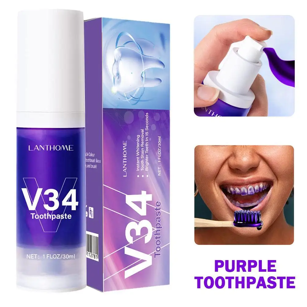 

30ml New V34 Tooth Cleansing Mousse Purple Bottled Press Toothpaste Refreshes Breath Remove Stains Reduce Yellowing Oral Care