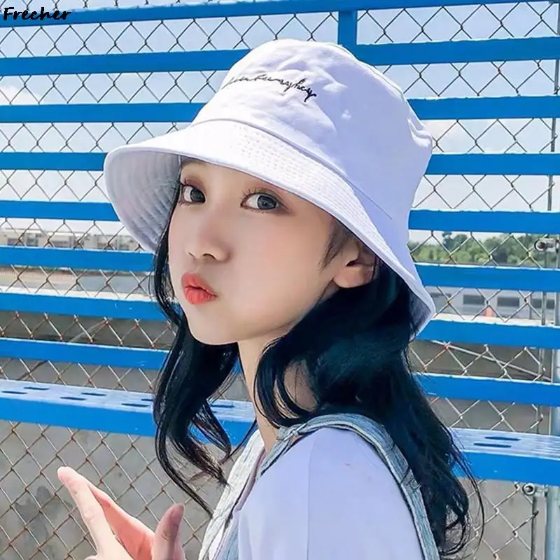 

Korean Fashion Sun Hat Letter Embroidery Summer Bucket Hats Women Hip Hop Cap Breathable Cotton Wide Brim Panama Beach Caps 2024