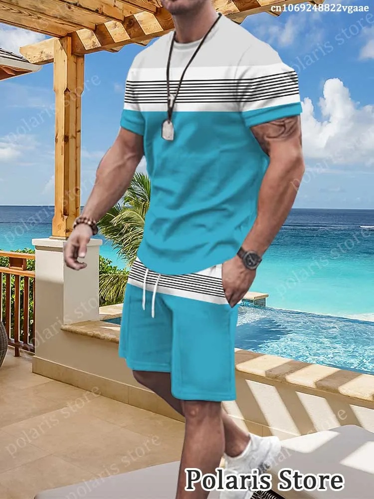 Summer Men's Striped Tracksuit Male Clothing 2 Piece Outfit Sportswear Short Sleeve T-Shirt Streetwear Fashion Set