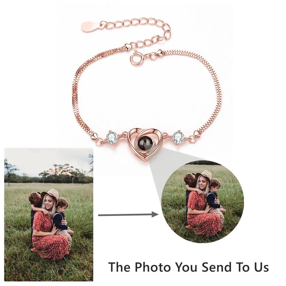 Personalized Projection Photo Bracelet Custom Photo Bracelet for Women Girlfriend Heart Pendant Jewelry Birthday Memorial Gift