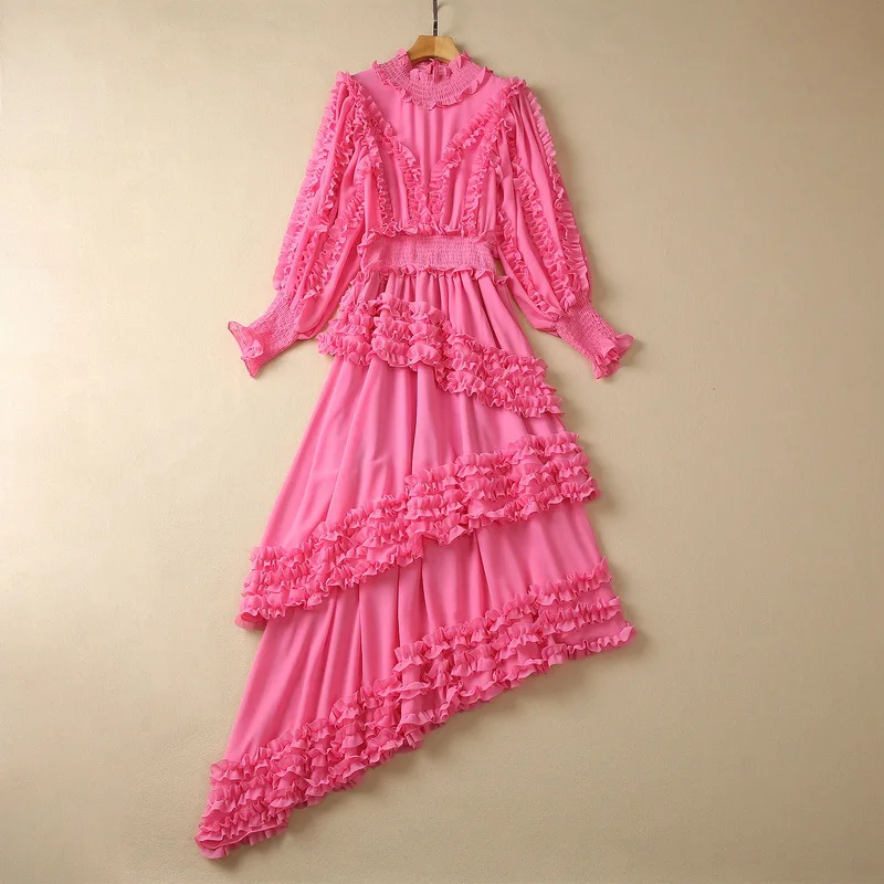 

European and American women's clothes 2023 summer new Stand collar Long sleeved lantern sleeves fashion irregular dress