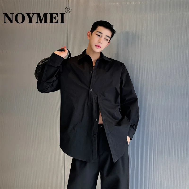 

NOYMEI Men's Spring Double Row Diagonal Buckle Design Long Sleeved Shirt Trendy Solid Color All-match Male Top Korean WA4119
