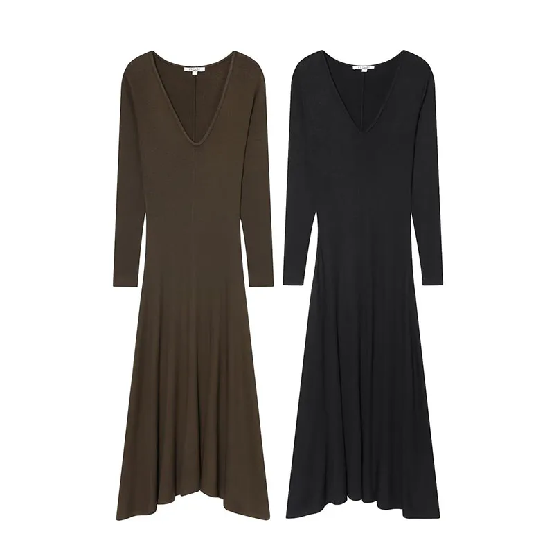 Women's Fashion Knitted Long Dress Women Long Sleeve V neck Midi Dress 2025 New Slim Dress Pleated Streetwear Casual Dress