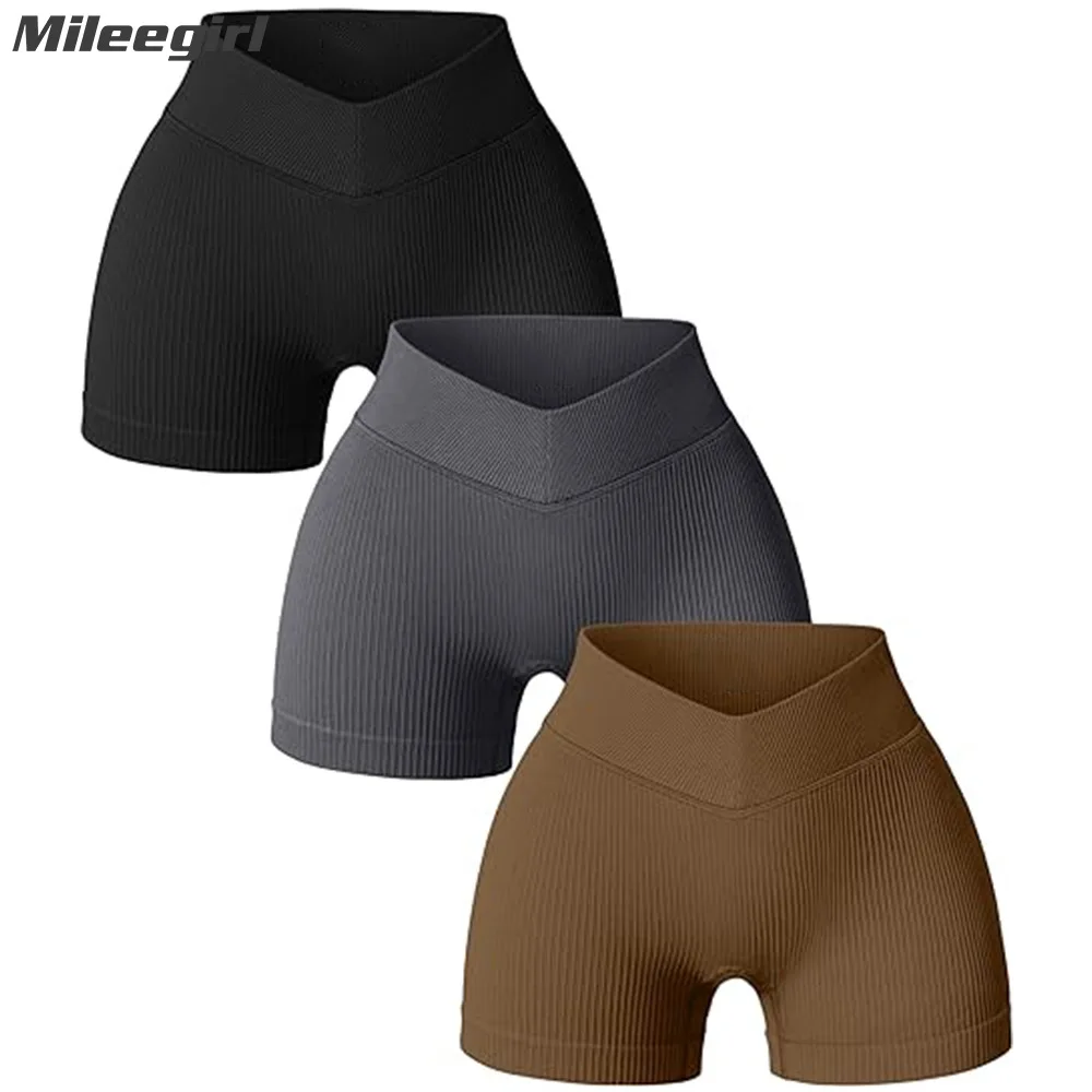 Sports Shorts Running Shorts Yoga Shorts Workout Shorts Seamless Shorts Mileegirl Seamless Yoga Shorts Women Front V Waist Sports Mini Shorts Ribbed Gym Fitness Tights Quick Drying Workout Short