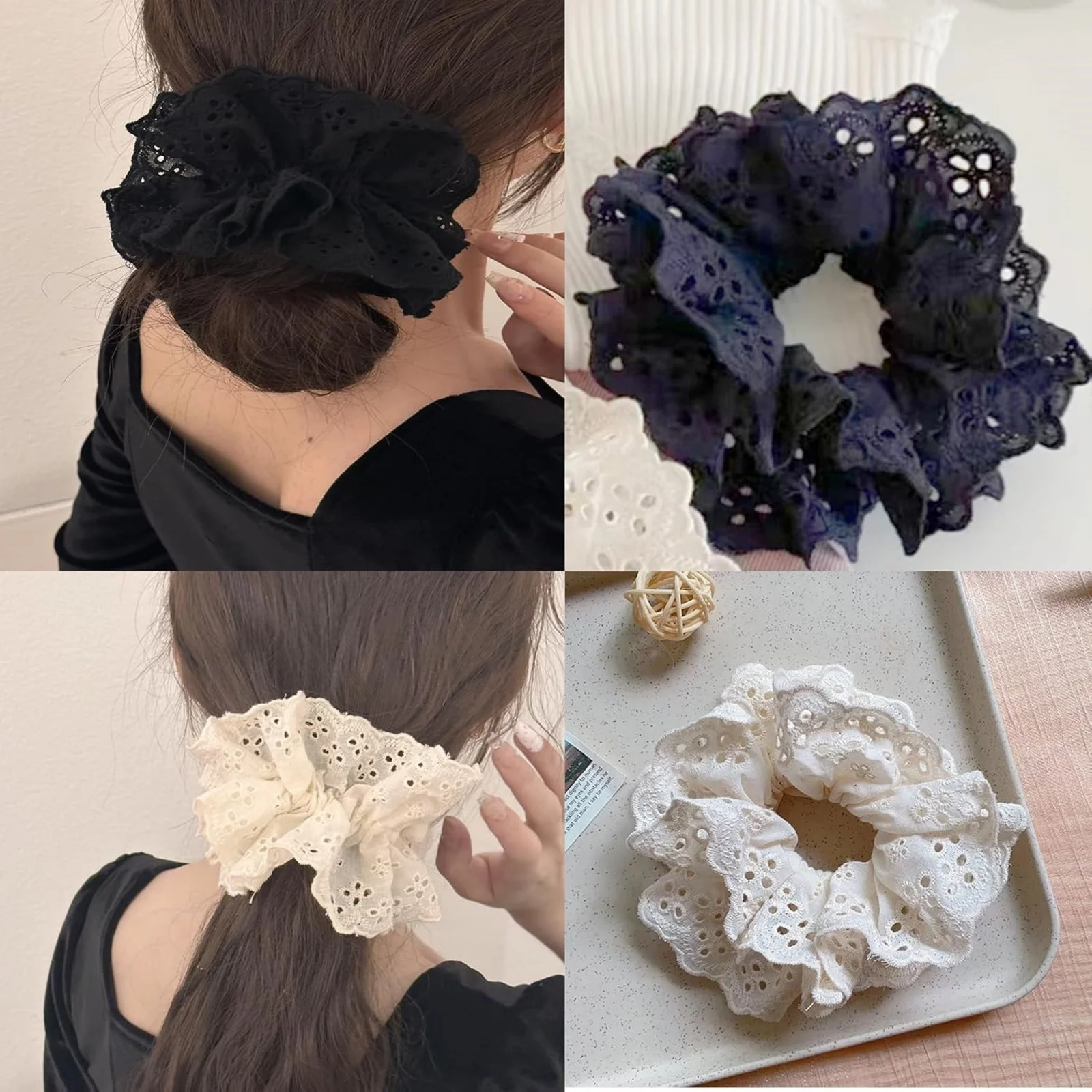 1Pc Elegant Lace Scrunchies Set, White & Black, Cute Hair Ties For Women, Perfect For Daily & Party Looks