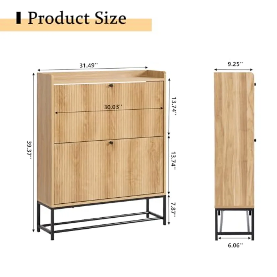 Fluted Shoe Cabinet with 2 Flip Drawers Modern Slim Shoe Storage Organizer Narrow Entryway Shoe Rack Wooden Shoe Cabinet with M