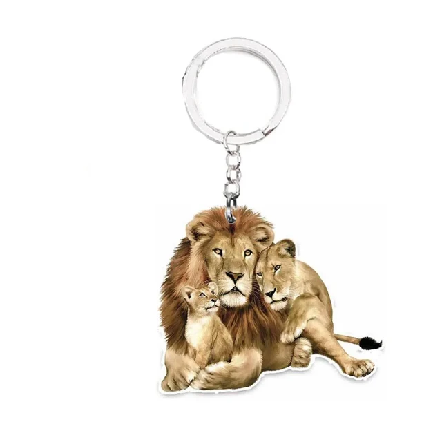 Leone acrilico portachiavi leoni famiglia interessante divertente amore  animale Charms 2D portachiavi padre madre figlio regalo