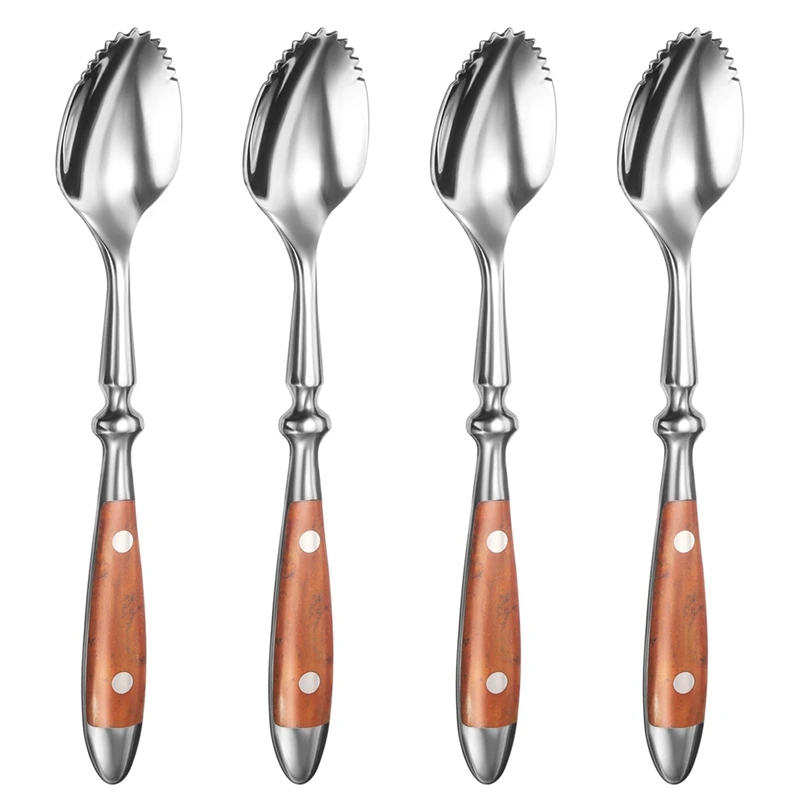 Grapefruit Spoons Set 4PCS Serrated Grapefruit Spoon, Stainless Steel 18/8 Fruit Spoon Kiwi Spoon Set With Wood Handle